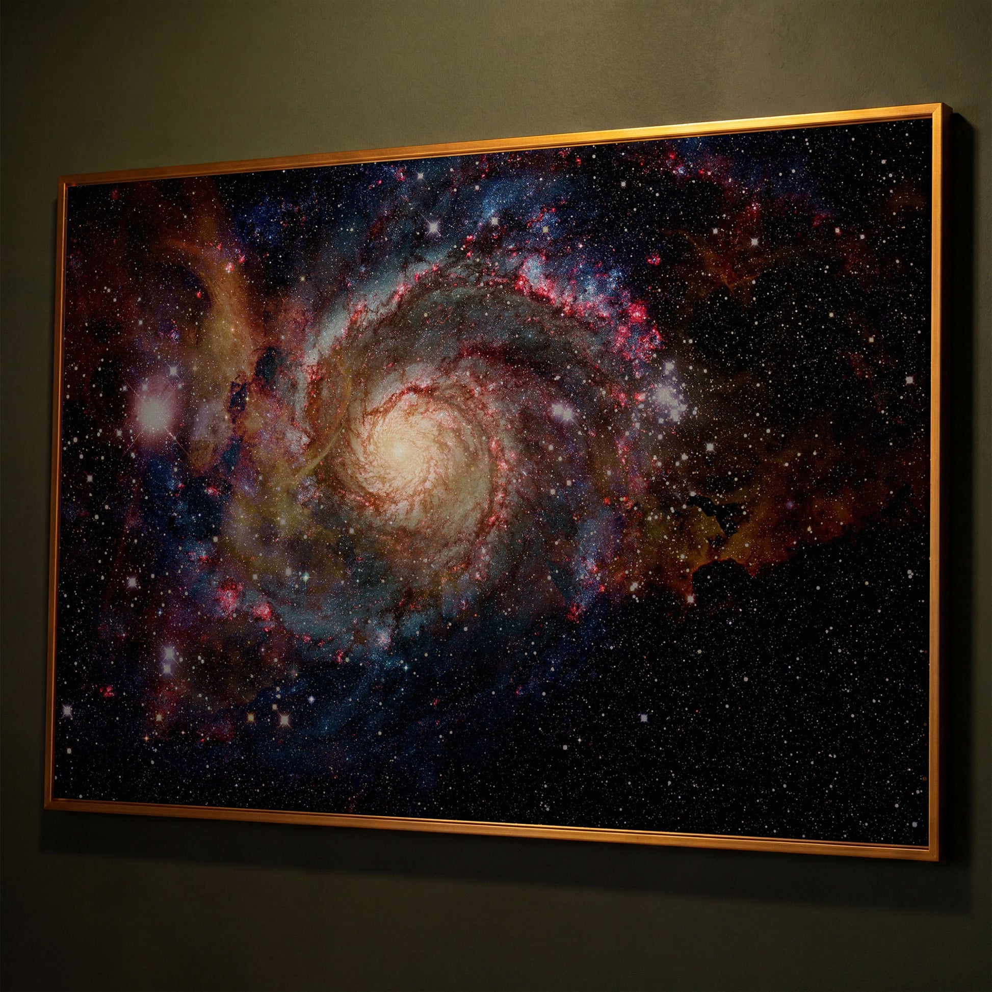 Spiral Galaxy Canvas Print, Milky Way Wall Art, Space Decor shown in antique gold floating frame
