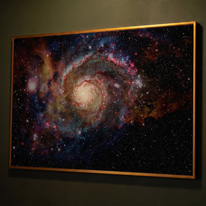 Spiral Galaxy Canvas Print, Milky Way Wall Art, Space Decor shown in antique gold floating frame
