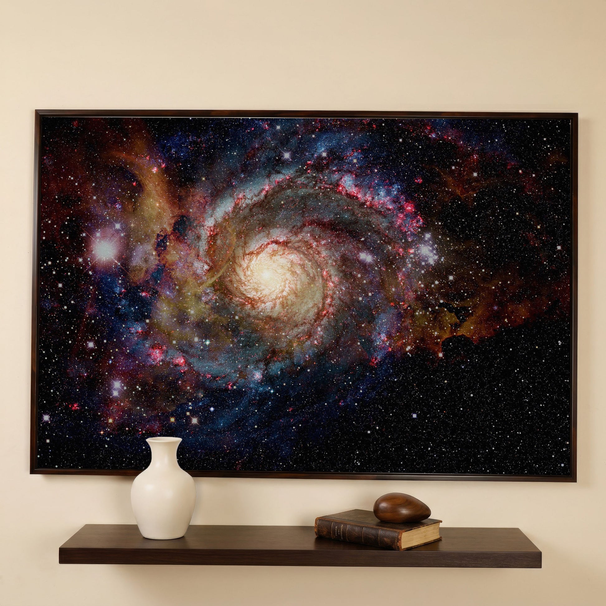 Spiral Galaxy Canvas Print, Milky Way Wall Art, Space Decor in dark walnut floating frame