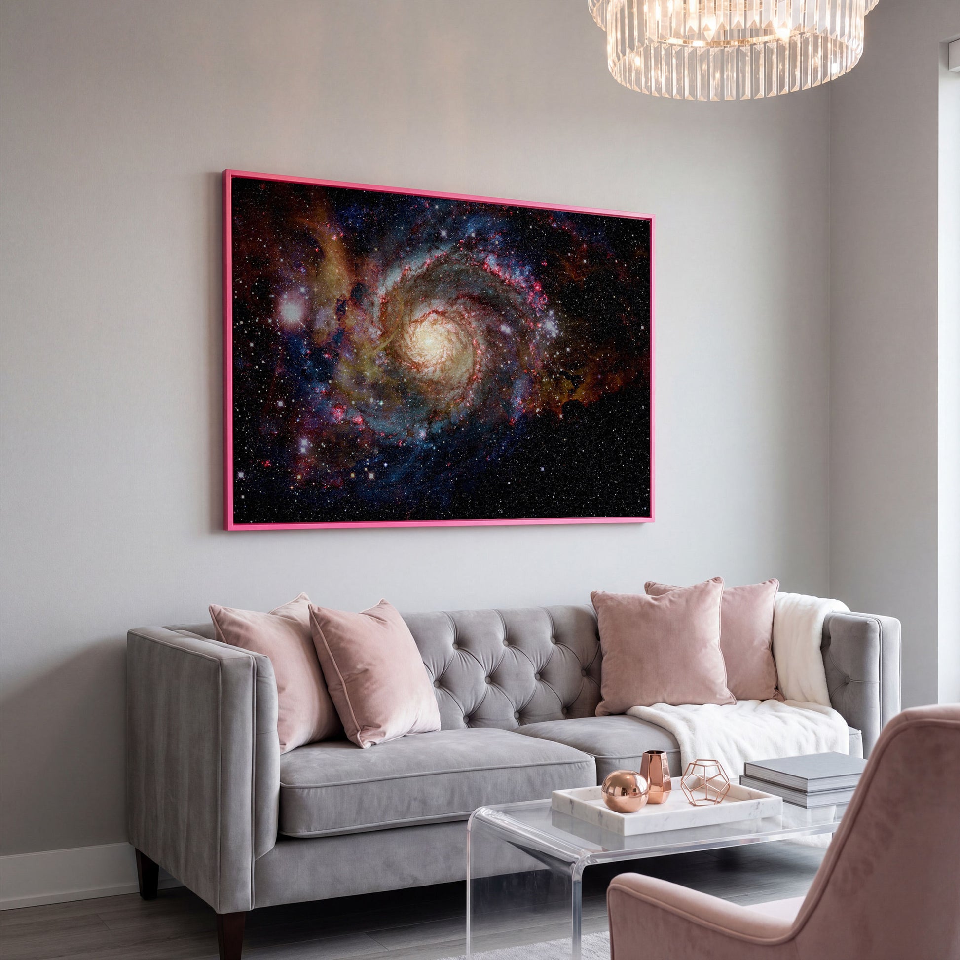 Spiral Galaxy Canvas Print, Milky Way Wall Art, Space Decor in pink floating frame
