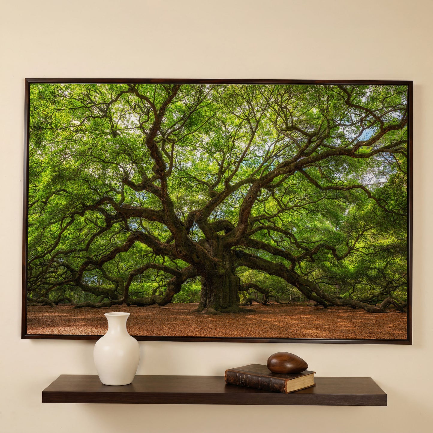 Ancient Oak Tree Canvas Art, Sprawling Forest Branches in dark walnut floating frame