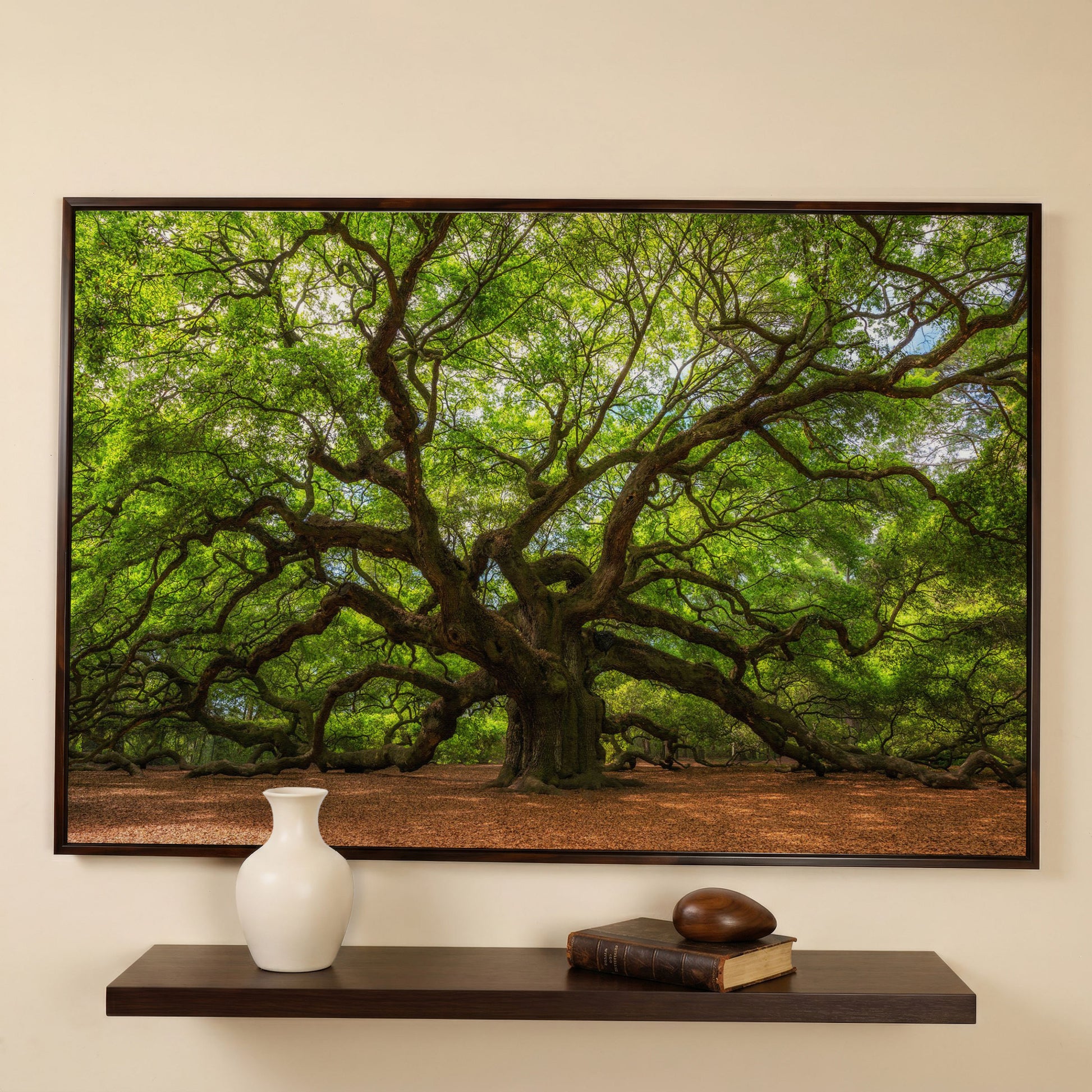 Ancient Oak Tree Canvas Art, Sprawling Forest Branches in dark walnut floating frame