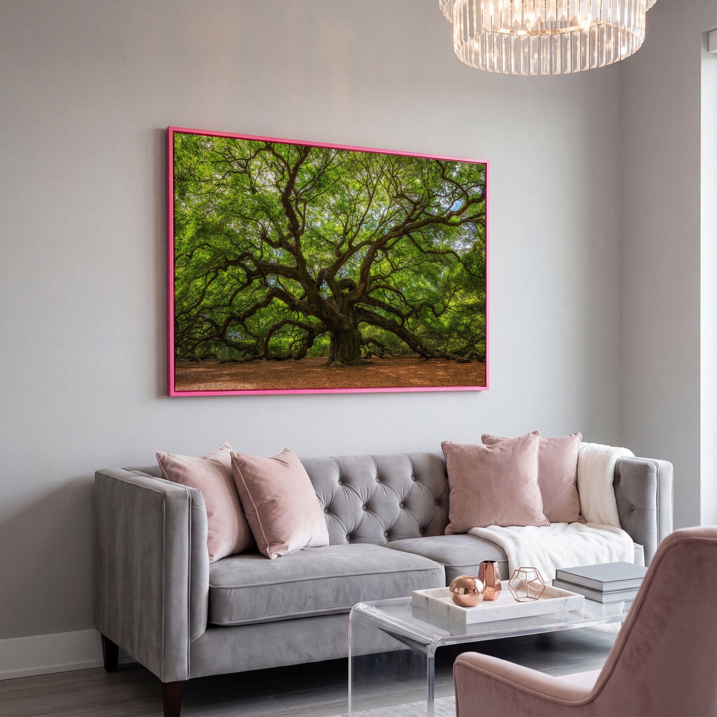 Ancient Oak Tree Canvas Art, Sprawling Forest Branches in pink floating frame