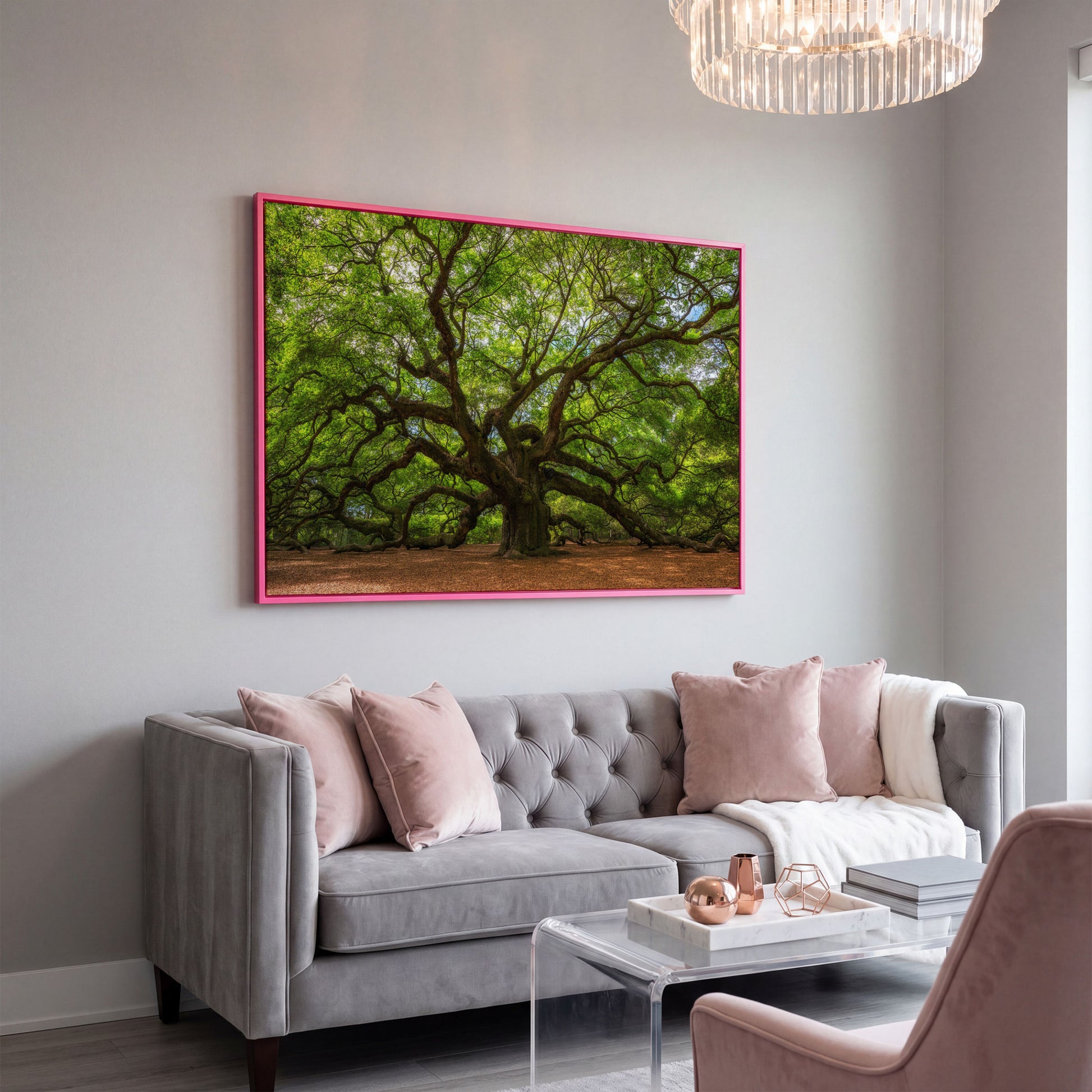Ancient Oak Tree Canvas Art, Sprawling Forest Branches in pink floating frame