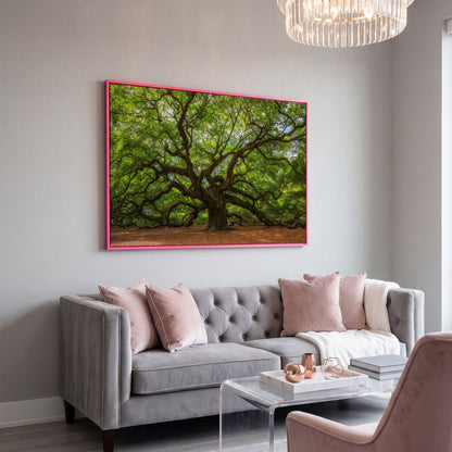Ancient Oak Tree Canvas Art, Sprawling Forest Branches in pink floating frame