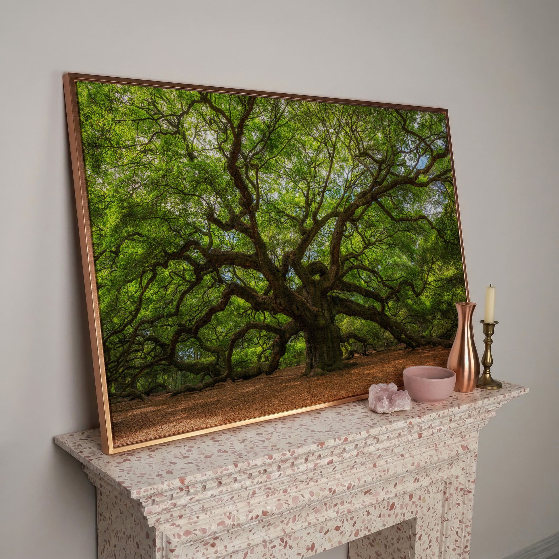 Ancient Oak Tree Canvas Art, Sprawling Forest Branches in rose gold floating frame
