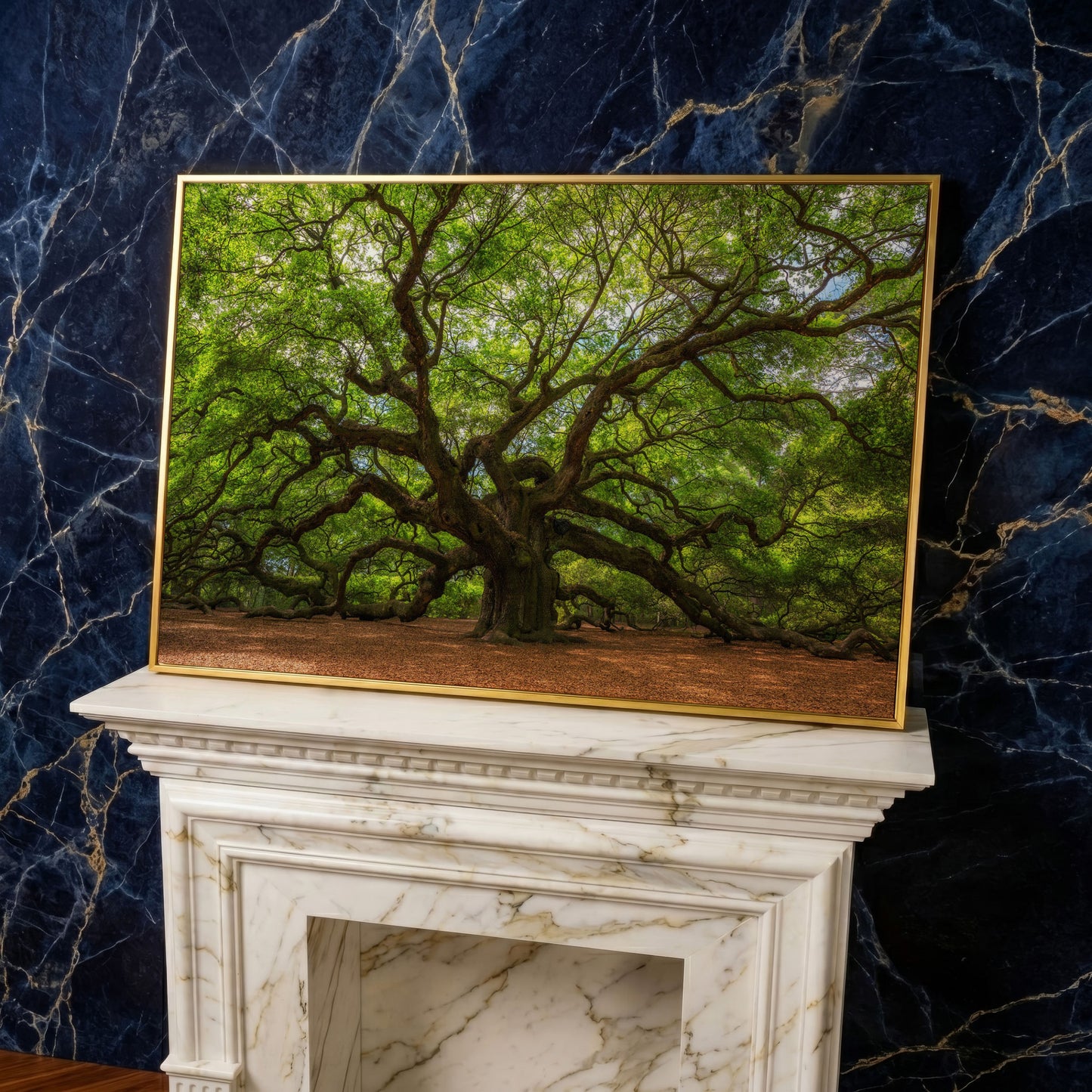 Ancient Oak Tree Canvas Art, Sprawling Forest Branches in yellow gold floating frame