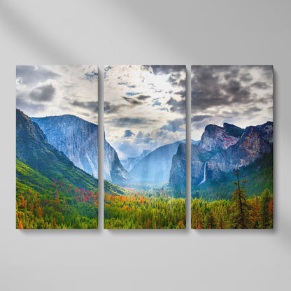 Yosemite Valley in Autumn, Canvas Wall Art, El Capitan and Half Dome as 3-panel split version