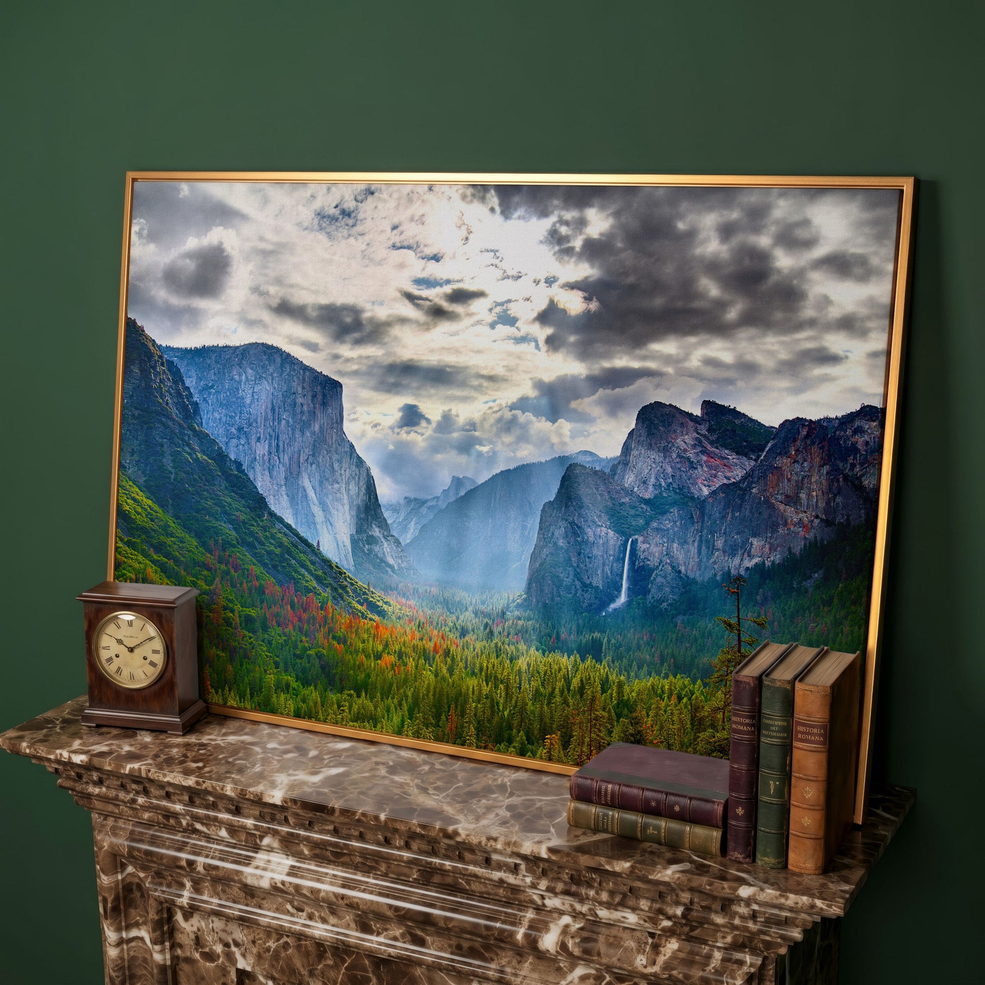 Yosemite Valley in Autumn, Canvas Wall Art, El Capitan and Half Dome in antique gold floating frame