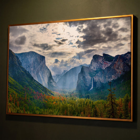 Yosemite Valley in Autumn, Canvas Wall Art, El Capitan and Half Dome shown in antique gold floating frame