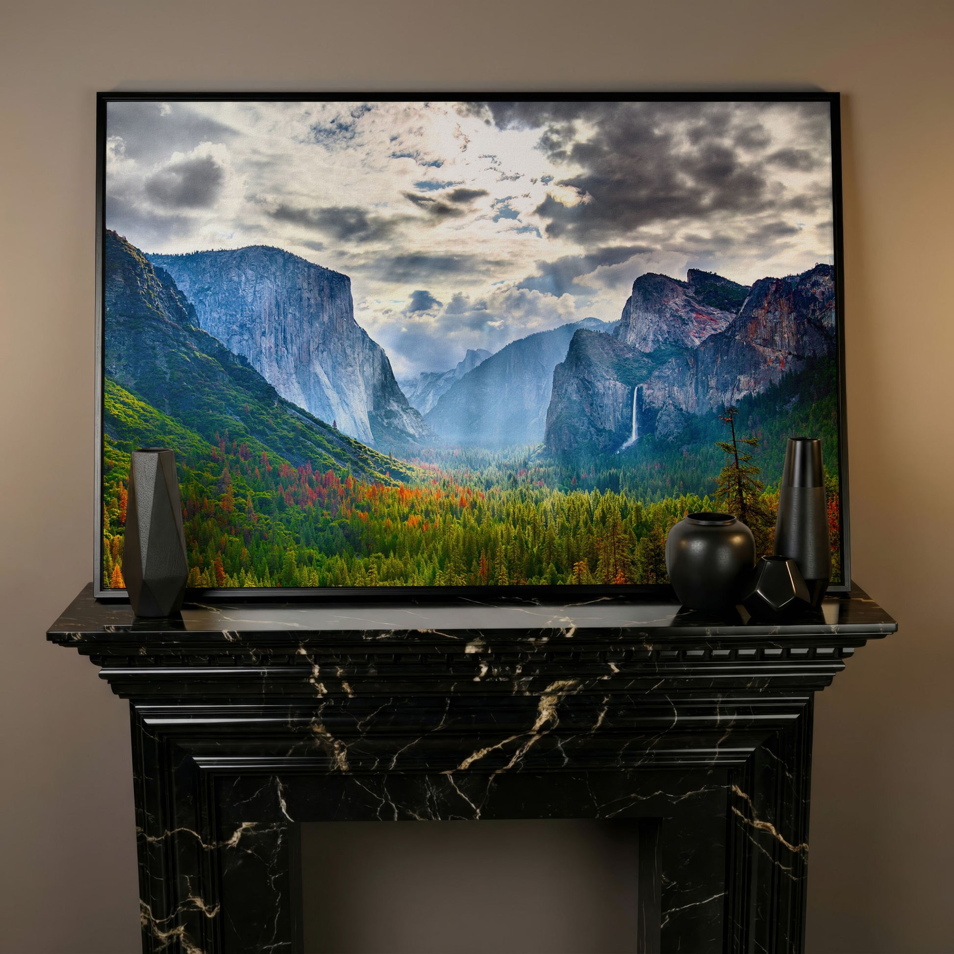 Yosemite Valley in Autumn, Canvas Wall Art, El Capitan and Half Dome in black floating frame