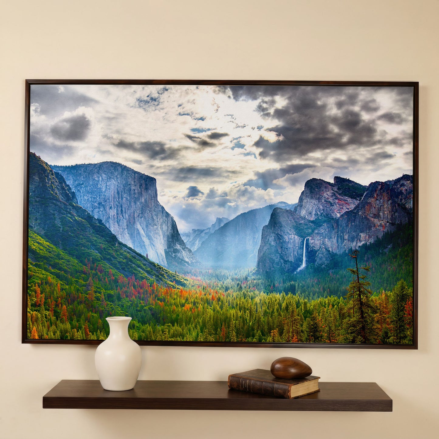 Yosemite Valley in Autumn, Canvas Wall Art, El Capitan and Half Dome in dark walnut floating frame