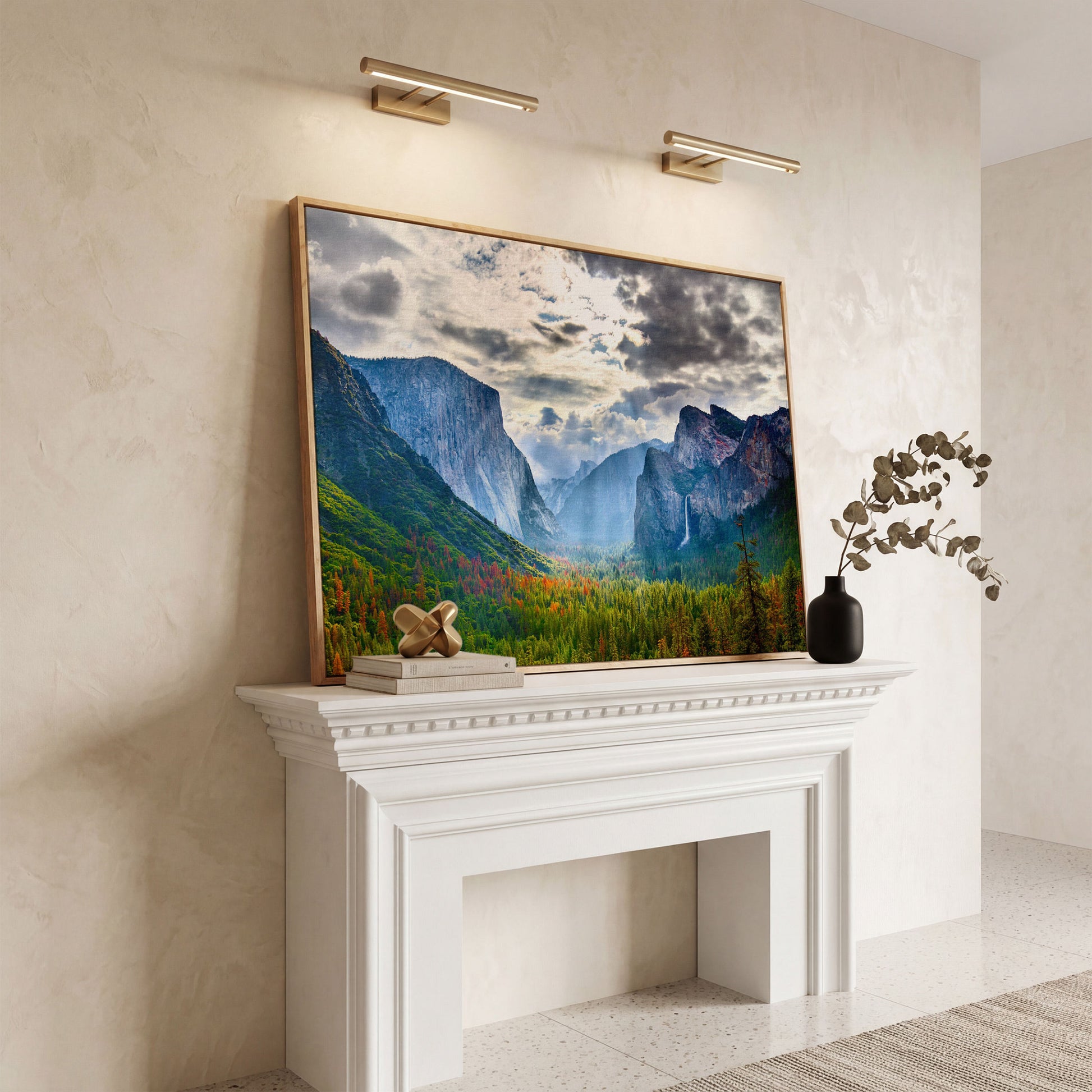 Yosemite Valley in Autumn, Canvas Wall Art, El Capitan and Half Dome in white oak floating frame