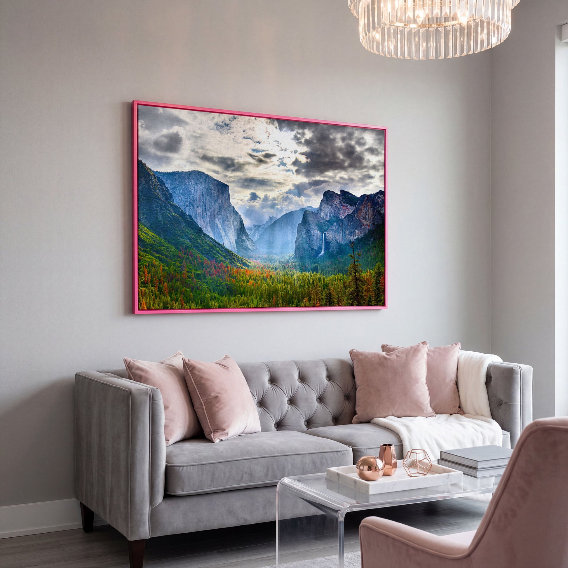 Yosemite Valley in Autumn, Canvas Wall Art, El Capitan and Half Dome in pink floating frame