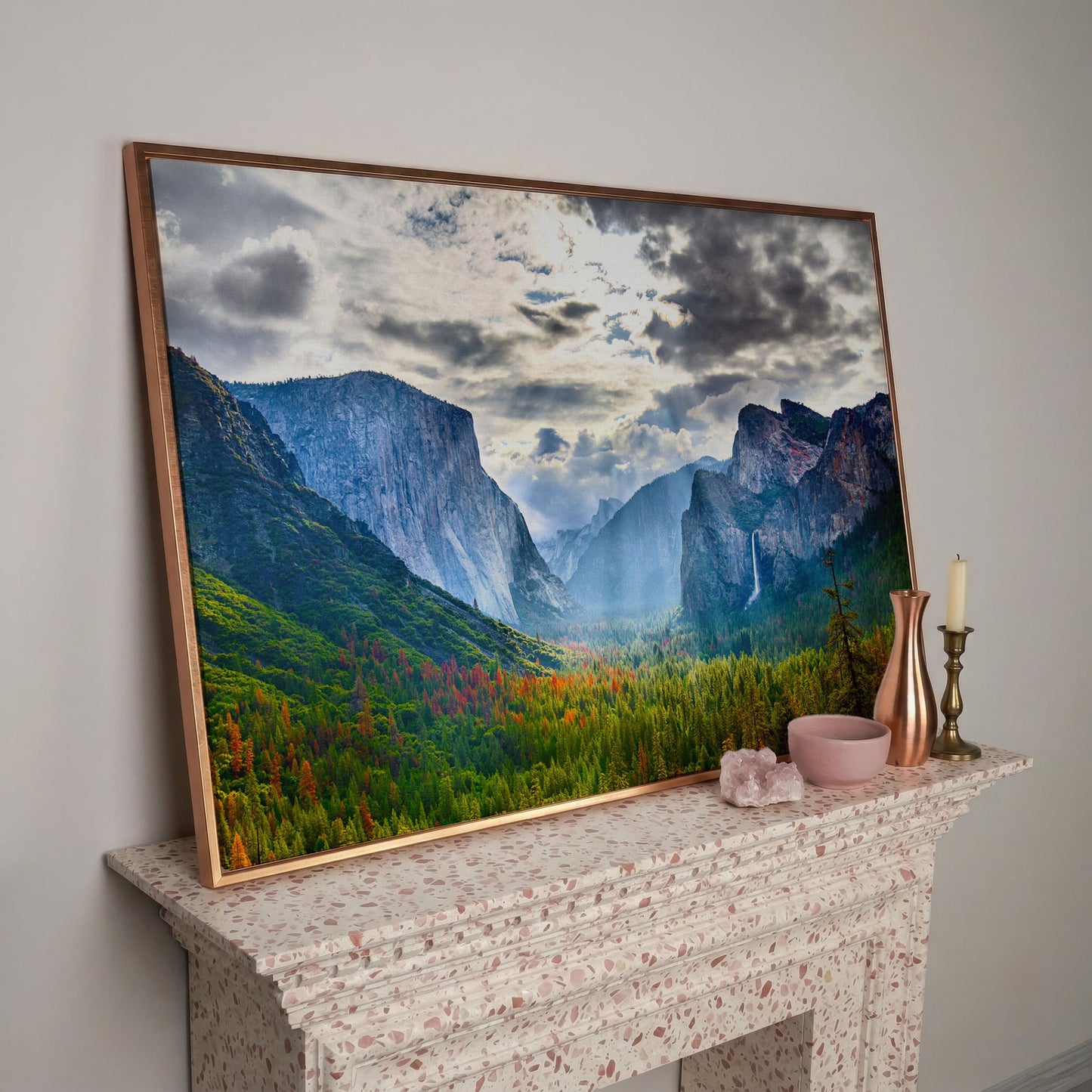 Yosemite Valley in Autumn, Canvas Wall Art, El Capitan and Half Dome in rose gold floating frame