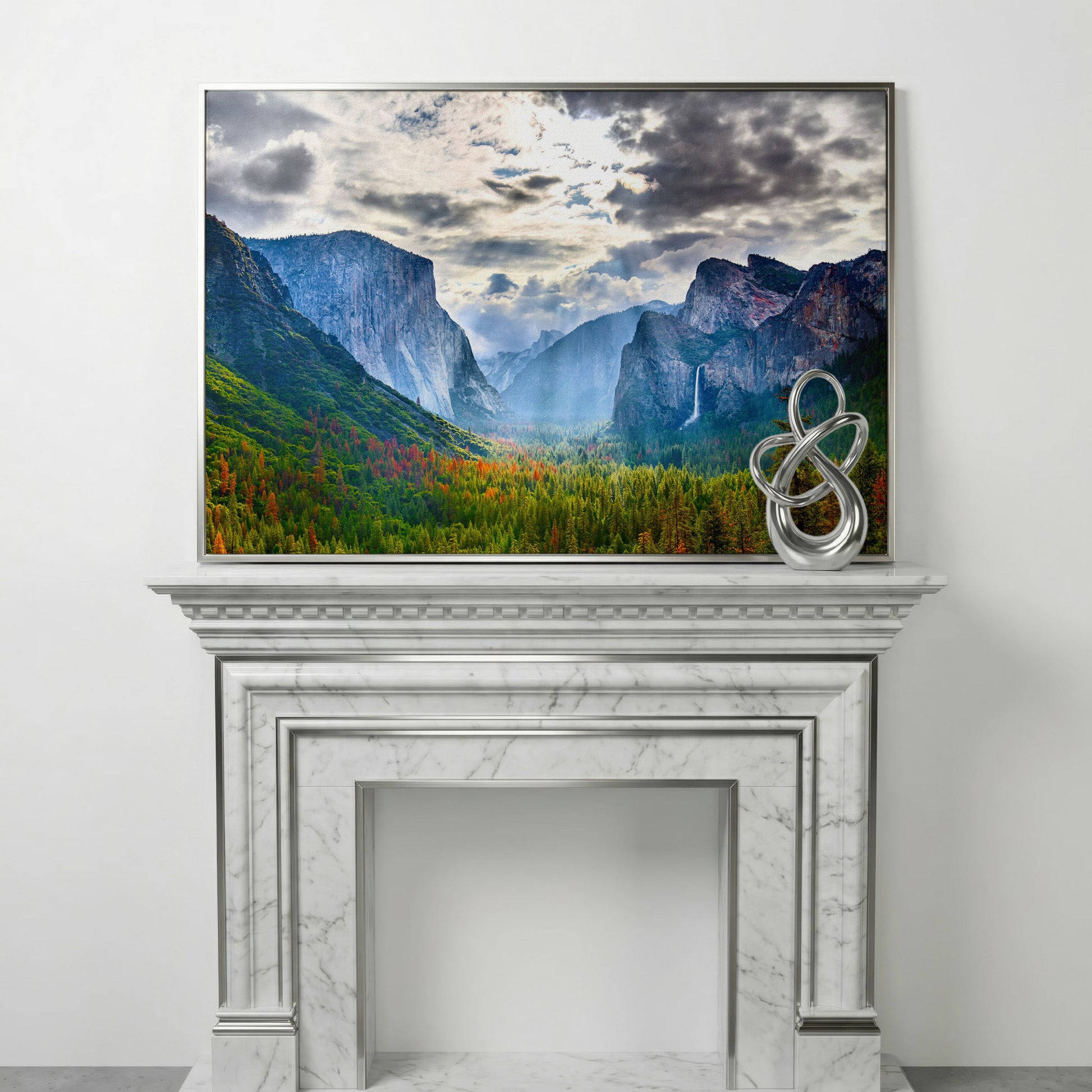 Yosemite Valley in Autumn, Canvas Wall Art, El Capitan and Half Dome in silver floating frame