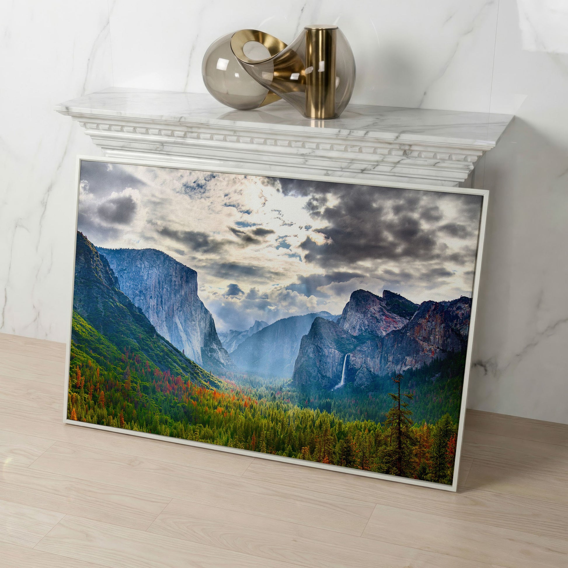 Yosemite Valley in Autumn, Canvas Wall Art, El Capitan and Half Dome in white floating frame