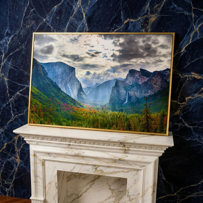 Yosemite Valley in Autumn, Canvas Wall Art, El Capitan and Half Dome in yellow gold floating frame