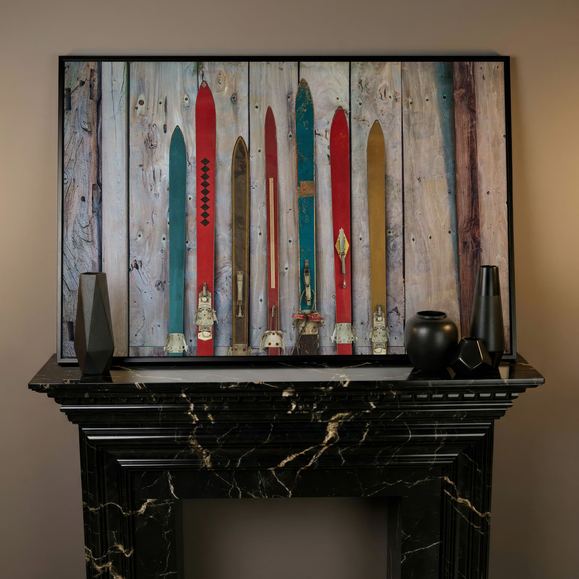Vintage Wooden Skis on Weathered Planks Canvas Wall Art in black floating frame