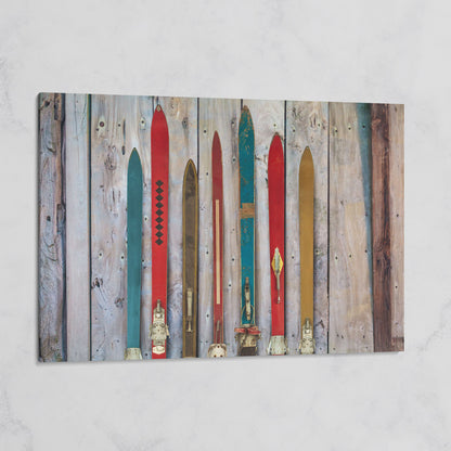 Vintage Wooden Skis on Weathered Planks Canvas Wall Art on gallery wrap