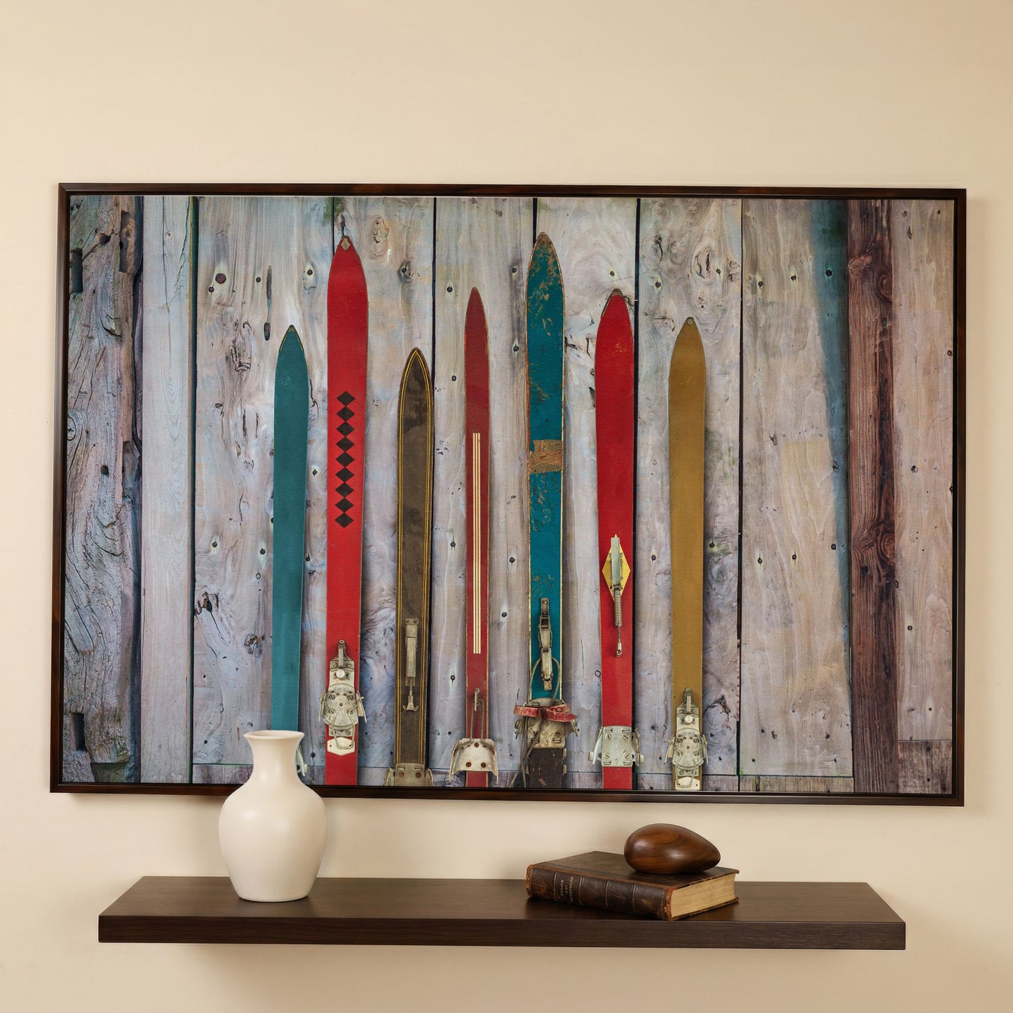 Vintage Wooden Skis on Weathered Planks Canvas Wall Art in dark walnut floating frame