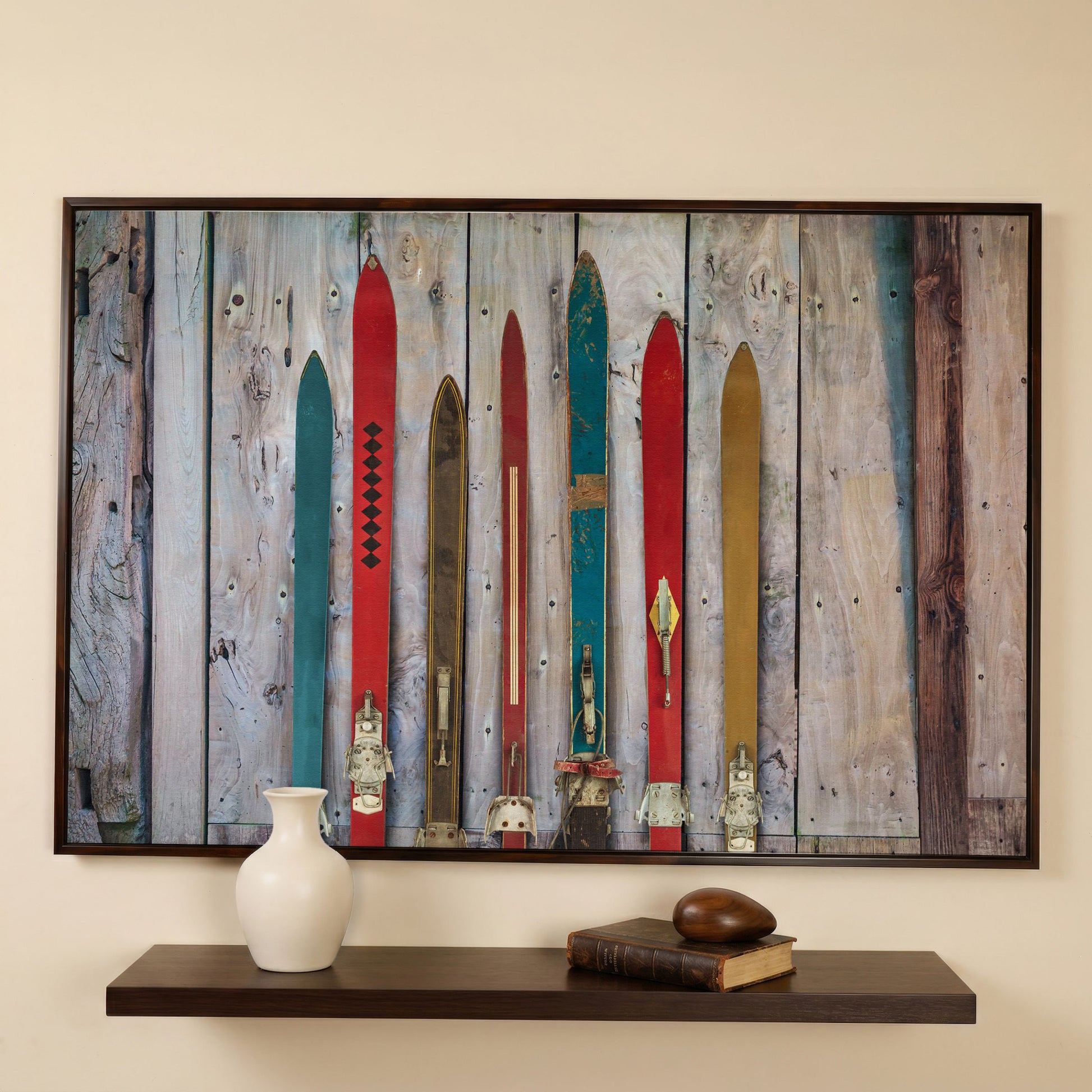 Vintage Wooden Skis on Weathered Planks Canvas Wall Art in dark walnut floating frame
