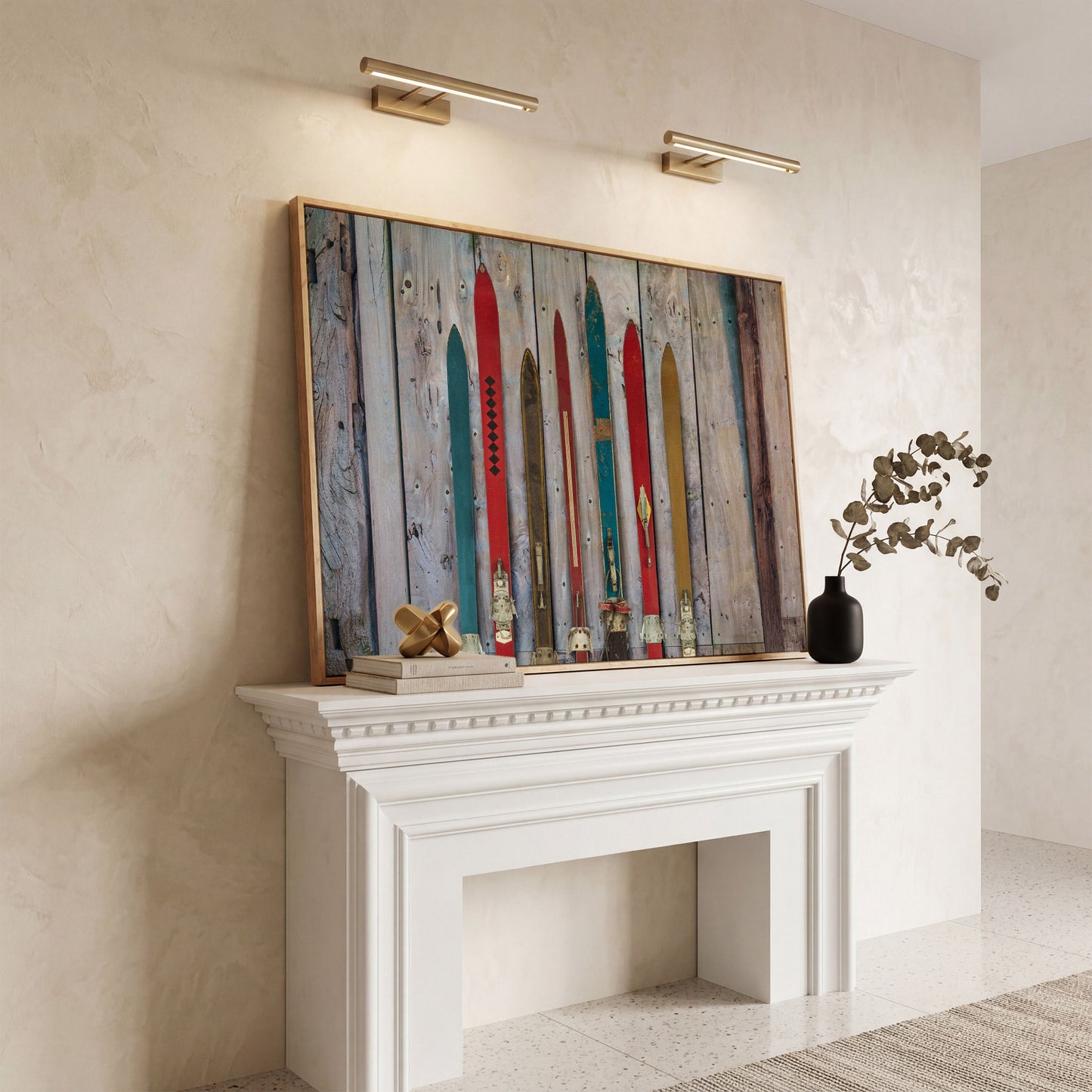 Vintage Wooden Skis on Weathered Planks Canvas Wall Art in white oak floating frame