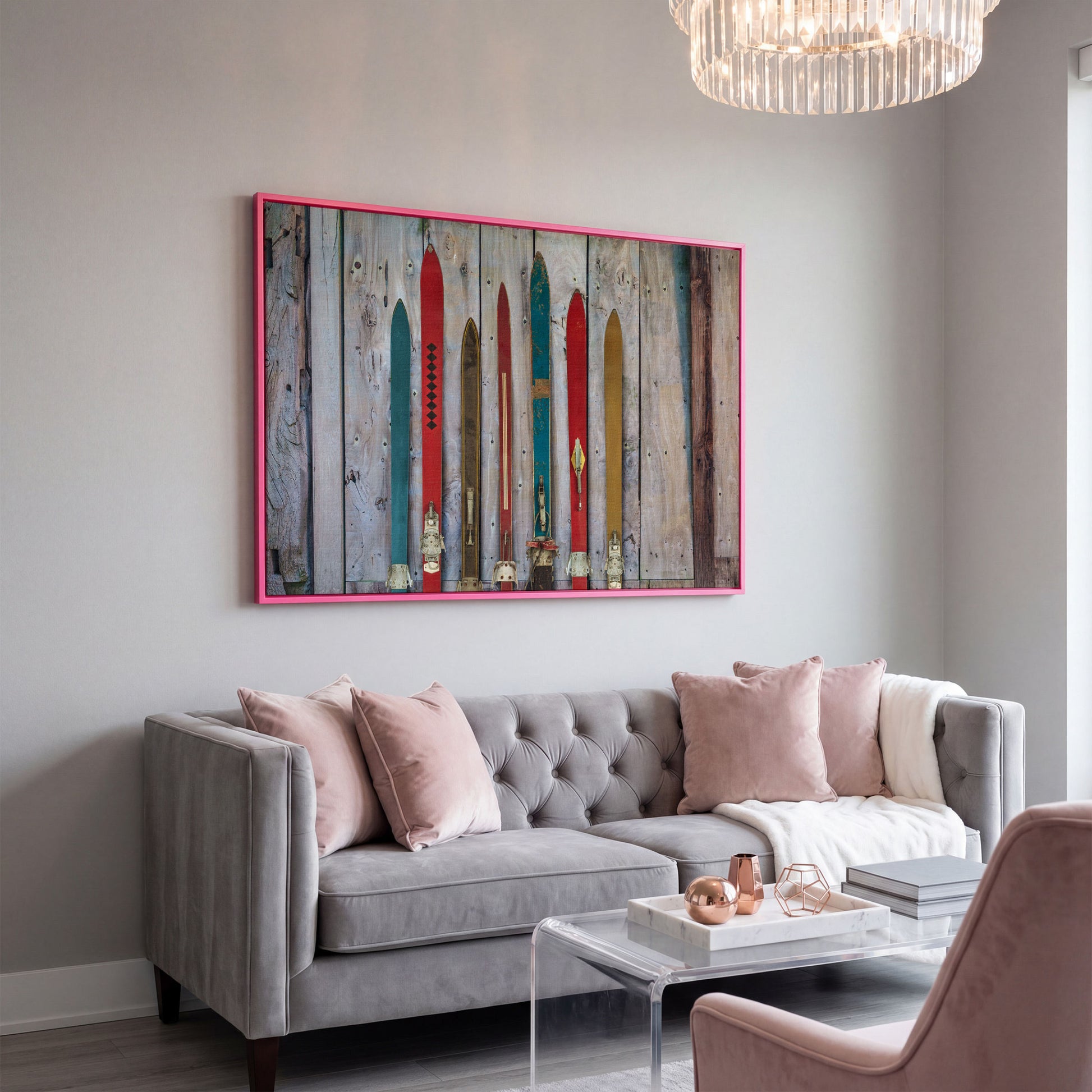 Vintage Wooden Skis on Weathered Planks Canvas Wall Art in pink floating frame