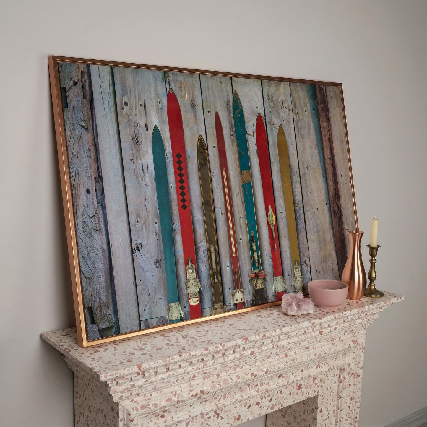 Vintage Wooden Skis on Weathered Planks Canvas Wall Art in rose gold floating frame