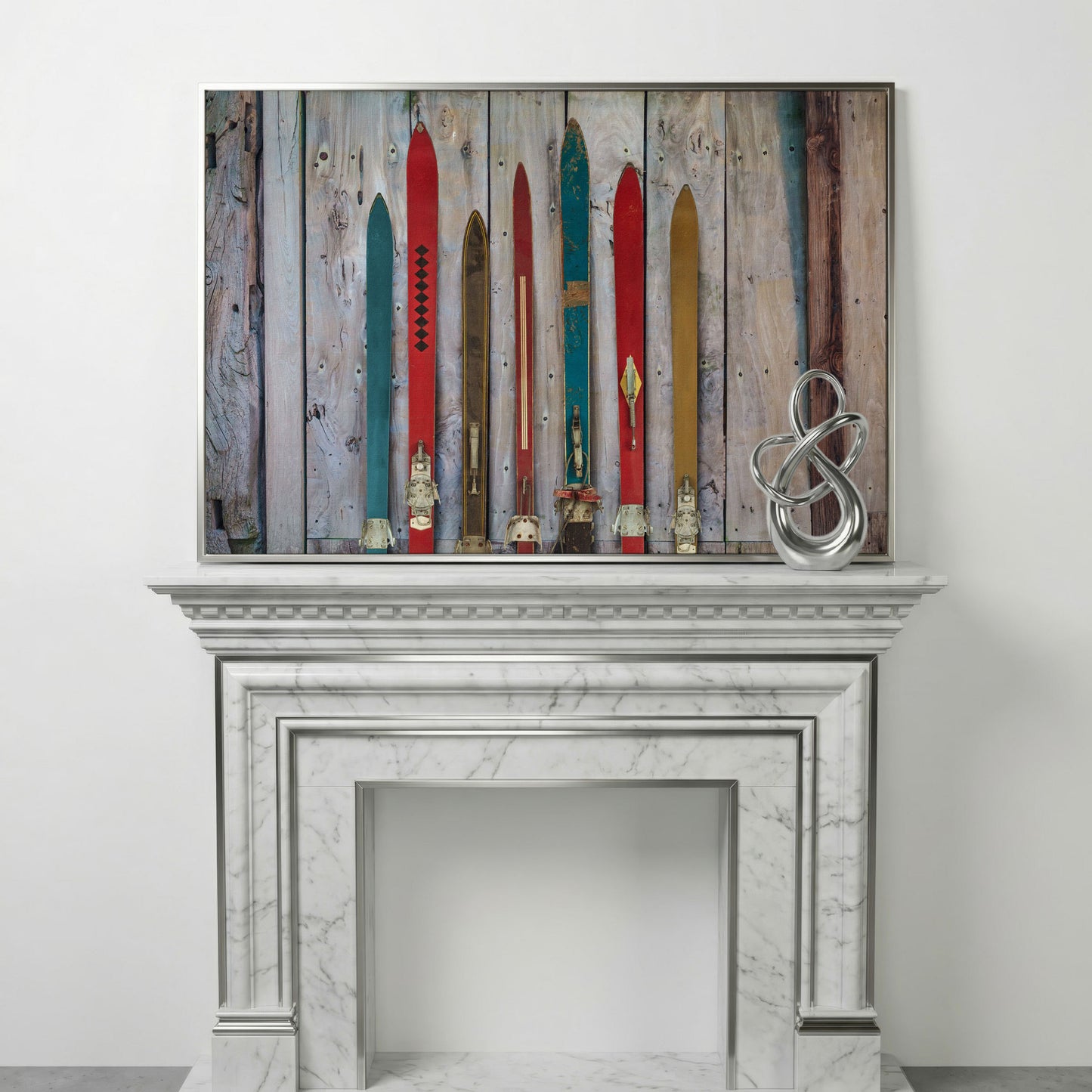 Vintage Wooden Skis on Weathered Planks Canvas Wall Art in silver floating frame