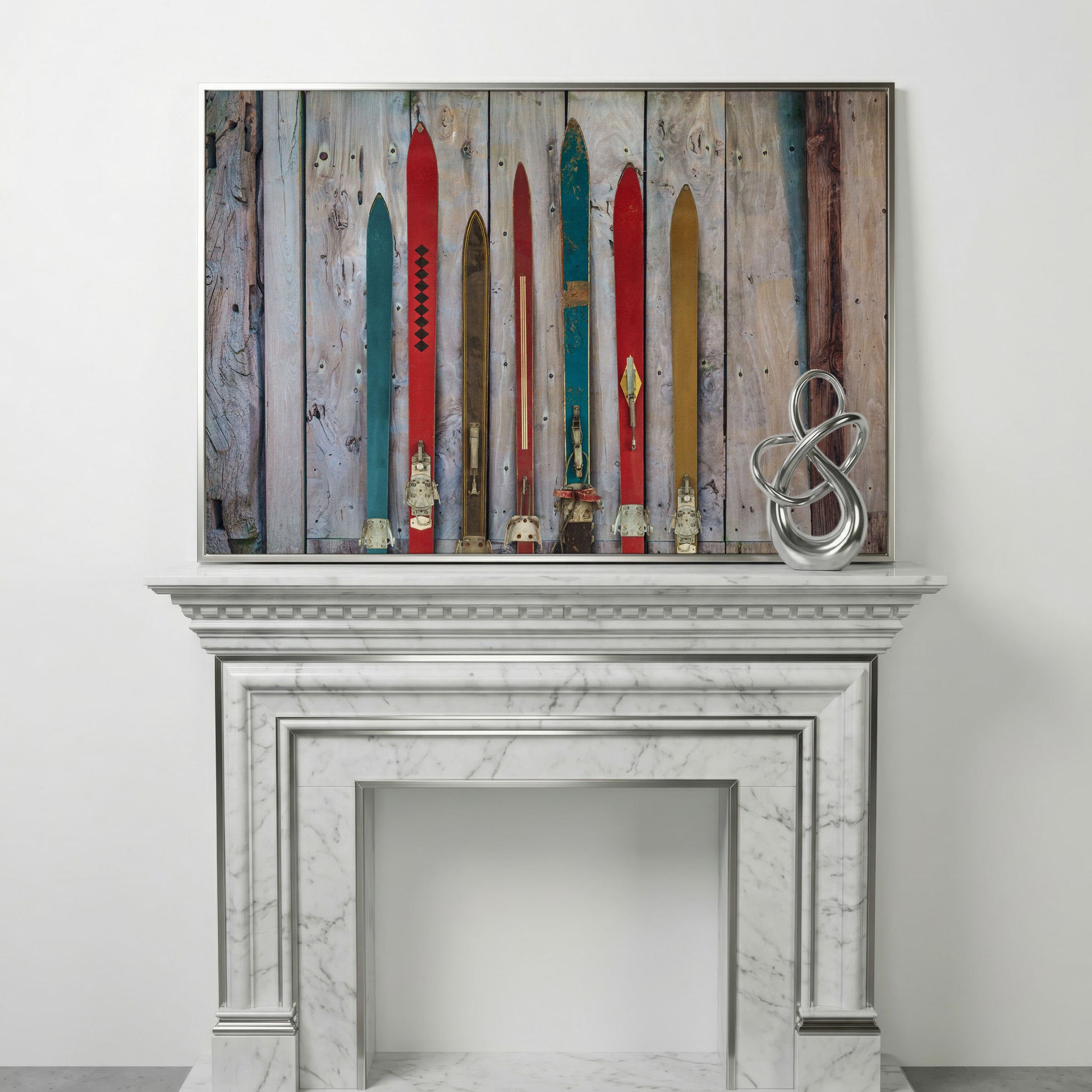 Vintage Wooden Skis on Weathered Planks Canvas Wall Art in silver floating frame