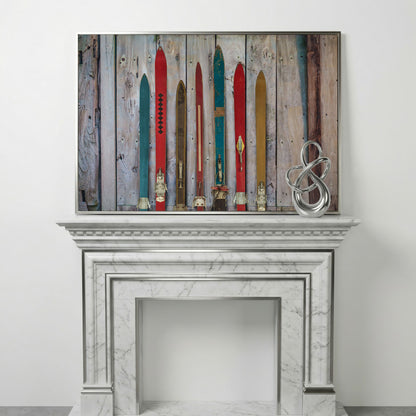 Vintage Wooden Skis on Weathered Planks Canvas Wall Art in silver floating frame