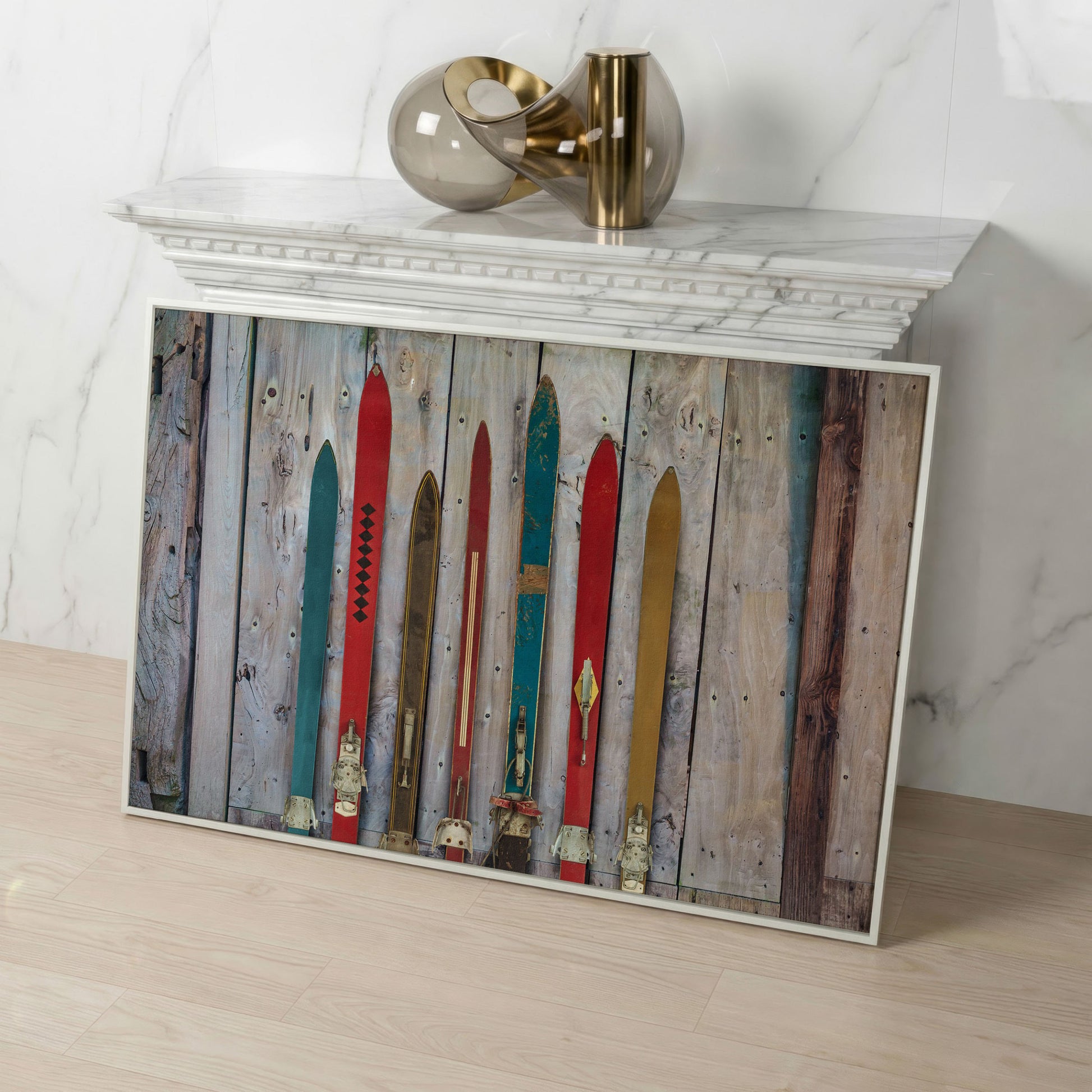 Vintage Wooden Skis on Weathered Planks Canvas Wall Art in white floating frame