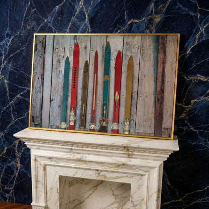 Vintage Wooden Skis on Weathered Planks Canvas Wall Art in yellow gold floating frame