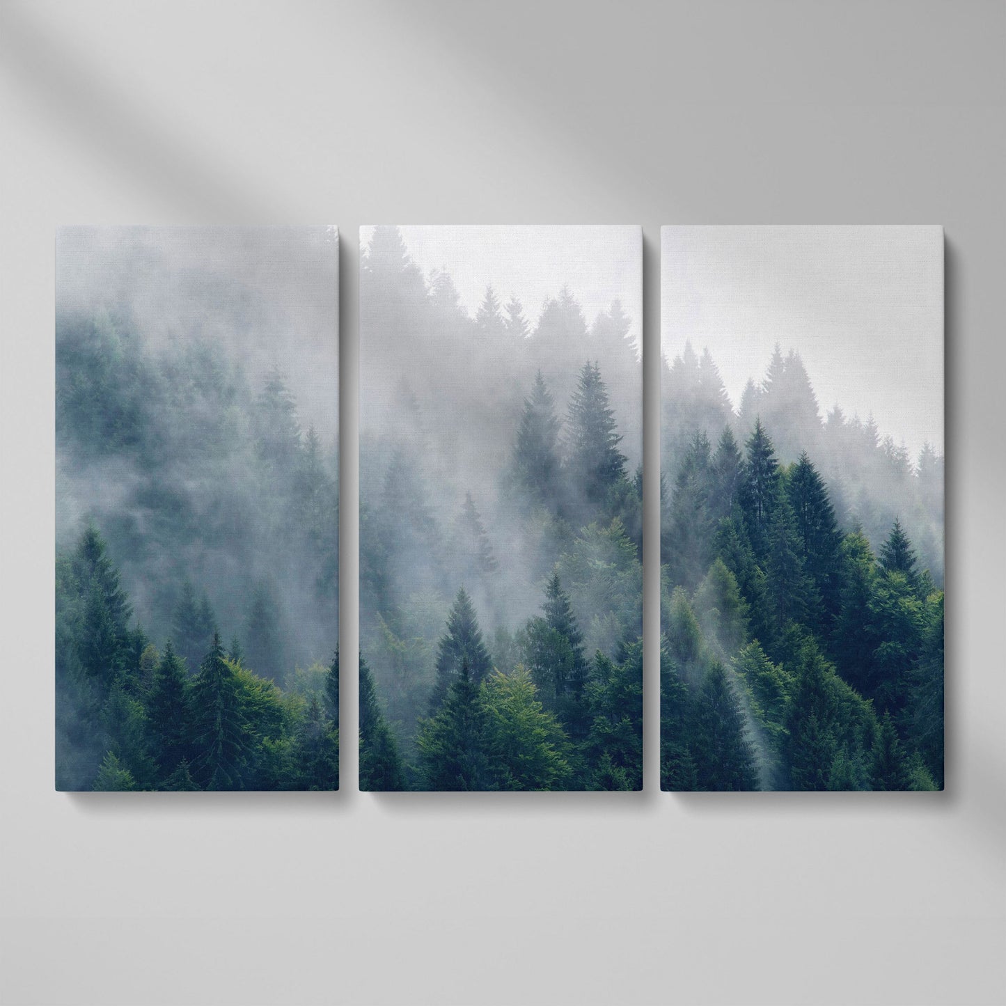 Misty Evergreen Forest Canvas Wall Art, Fog and Spruce Landscape as 3-panel split version