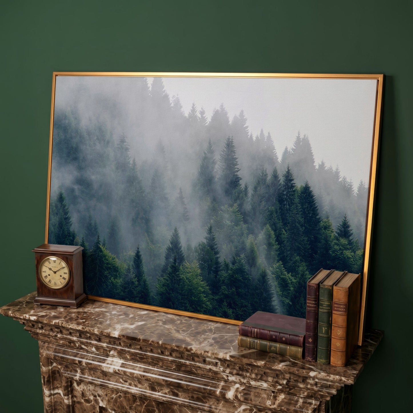 Misty Evergreen Forest Canvas Wall Art, Fog and Spruce Landscape in antique gold floating frame
