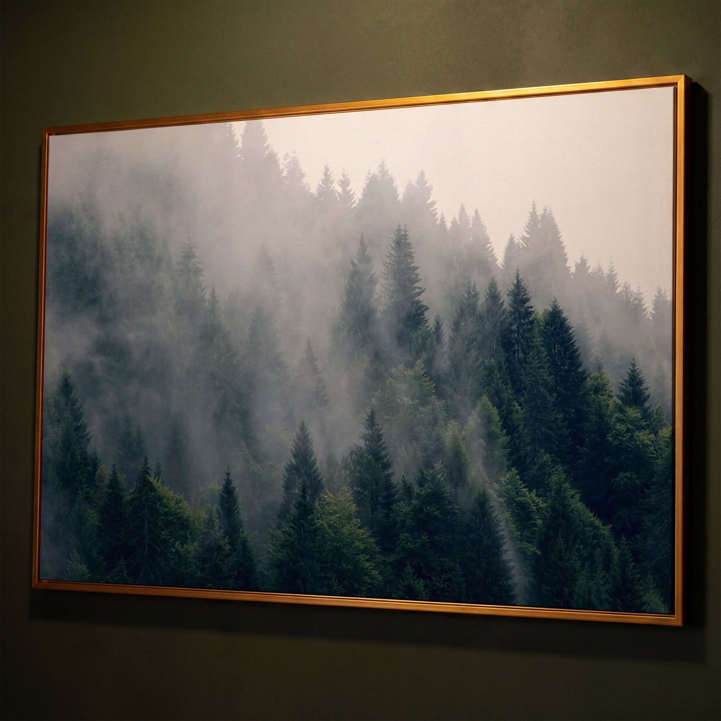 Misty Evergreen Forest Canvas Wall Art, Fog and Spruce Landscape shown in antique gold floating frame
