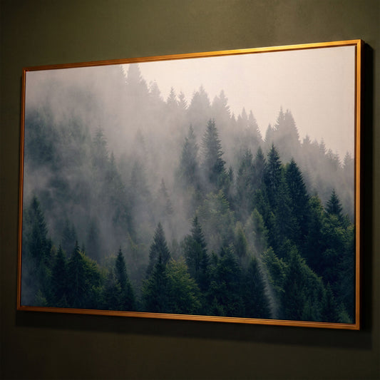 Misty Evergreen Forest Canvas Wall Art, Fog and Spruce Landscape shown in antique gold floating frame