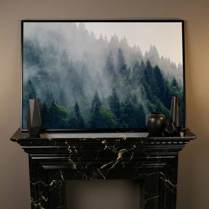 Misty Evergreen Forest Canvas Wall Art, Fog and Spruce Landscape in black floating frame