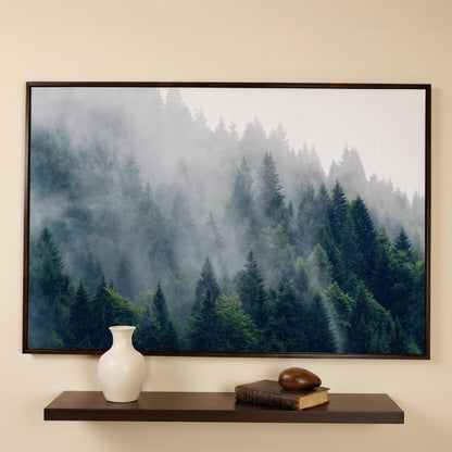 Misty Evergreen Forest Canvas Wall Art, Fog and Spruce Landscape in dark walnut floating frame