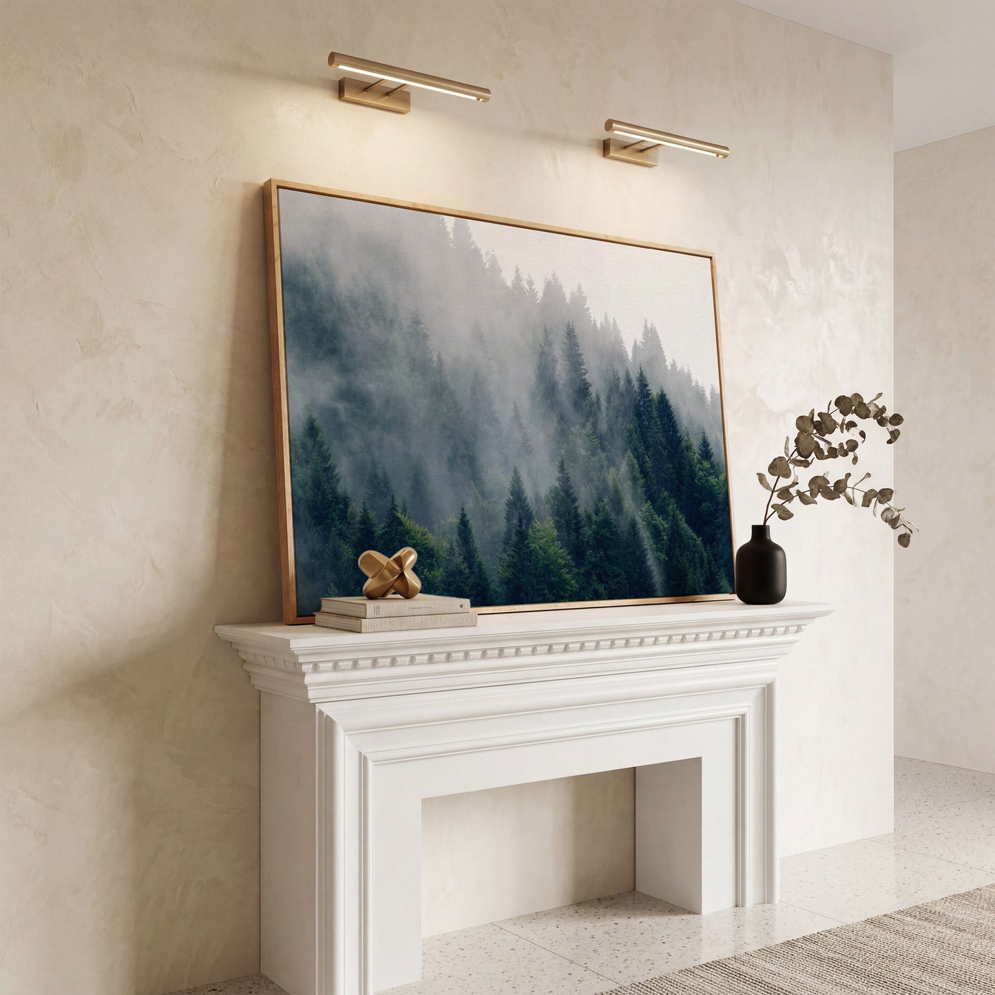 Misty Evergreen Forest Canvas Wall Art, Fog and Spruce Landscape in white oak floating frame
