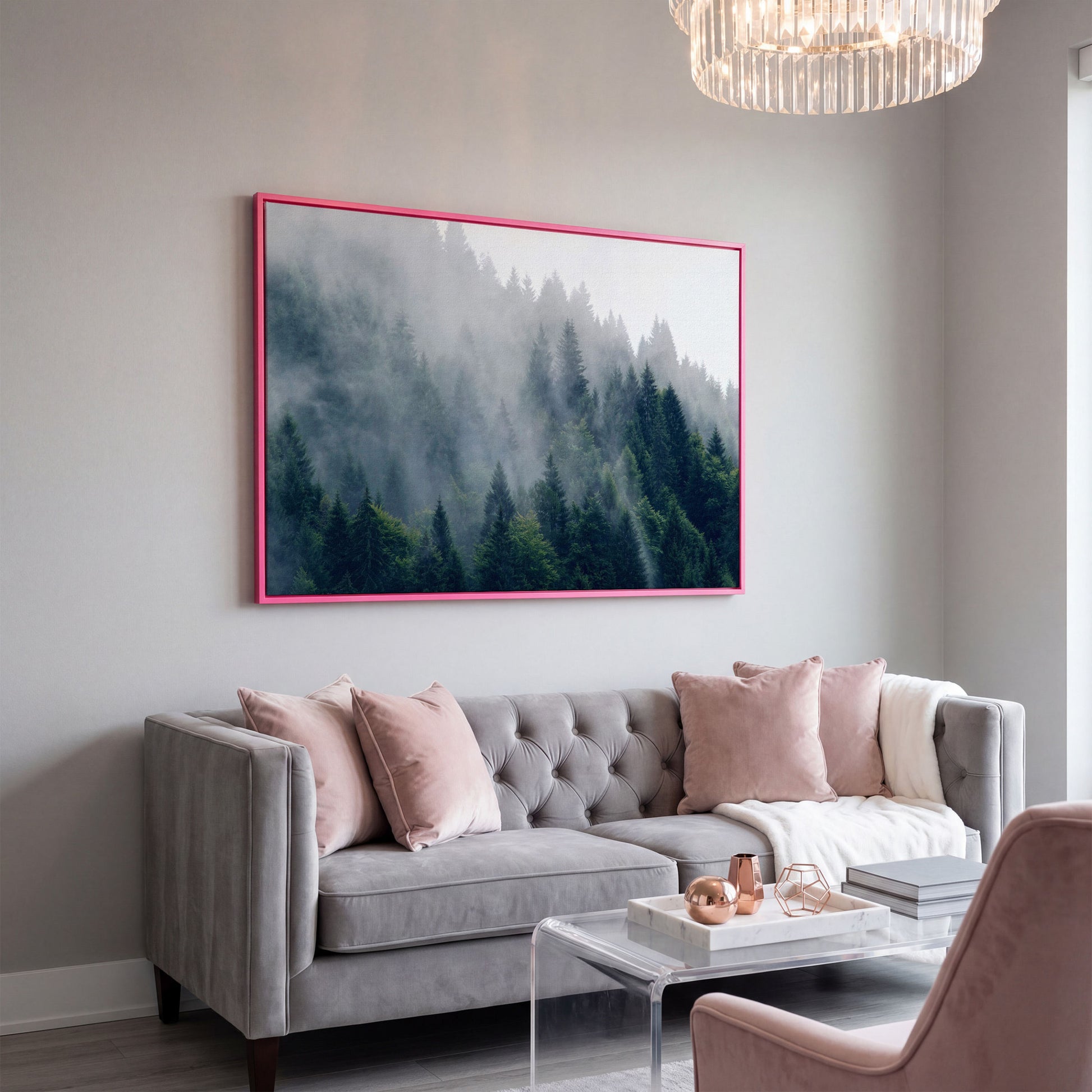 Misty Evergreen Forest Canvas Wall Art, Fog and Spruce Landscape in pink floating frame