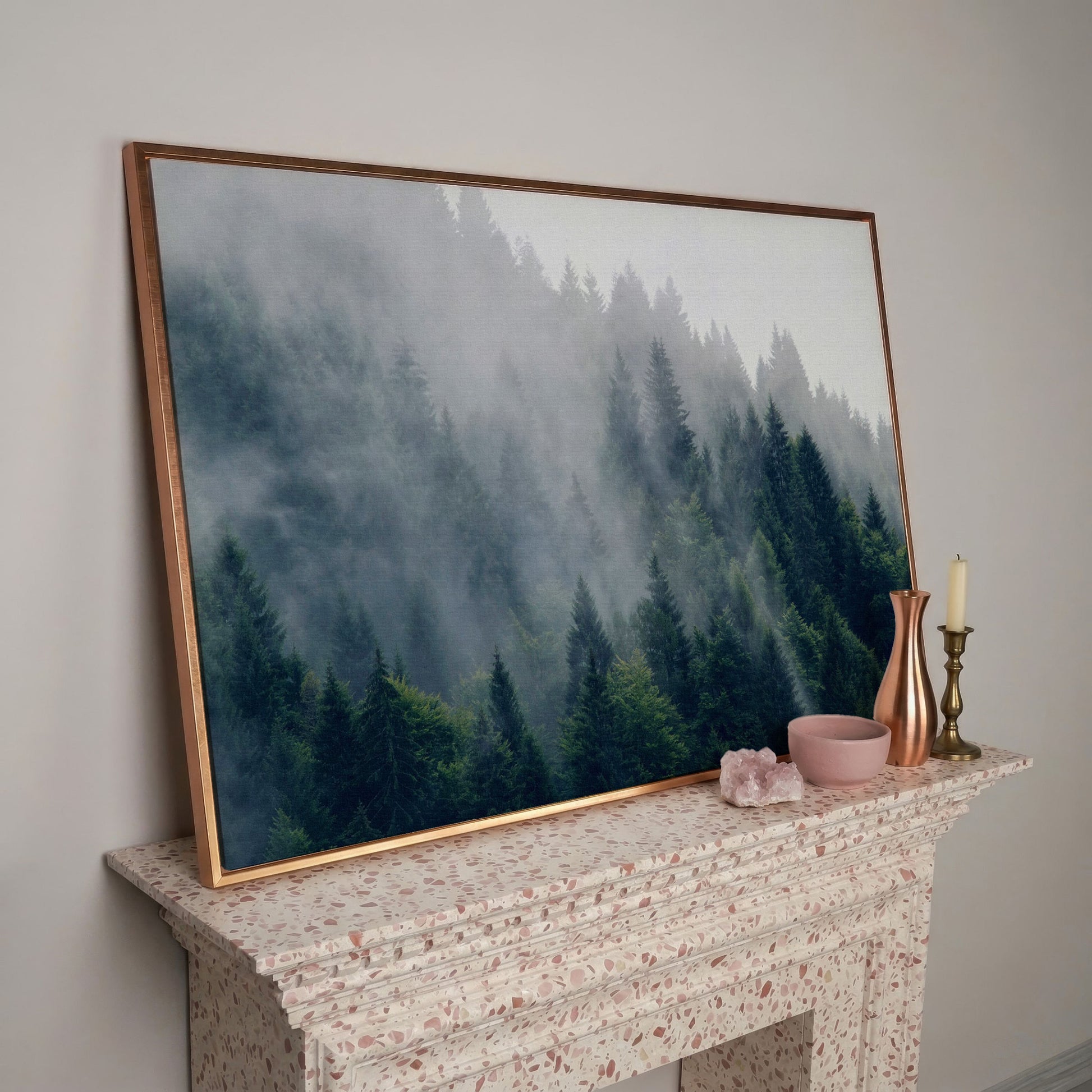 Misty Evergreen Forest Canvas Wall Art, Fog and Spruce Landscape in rose gold floating frame
