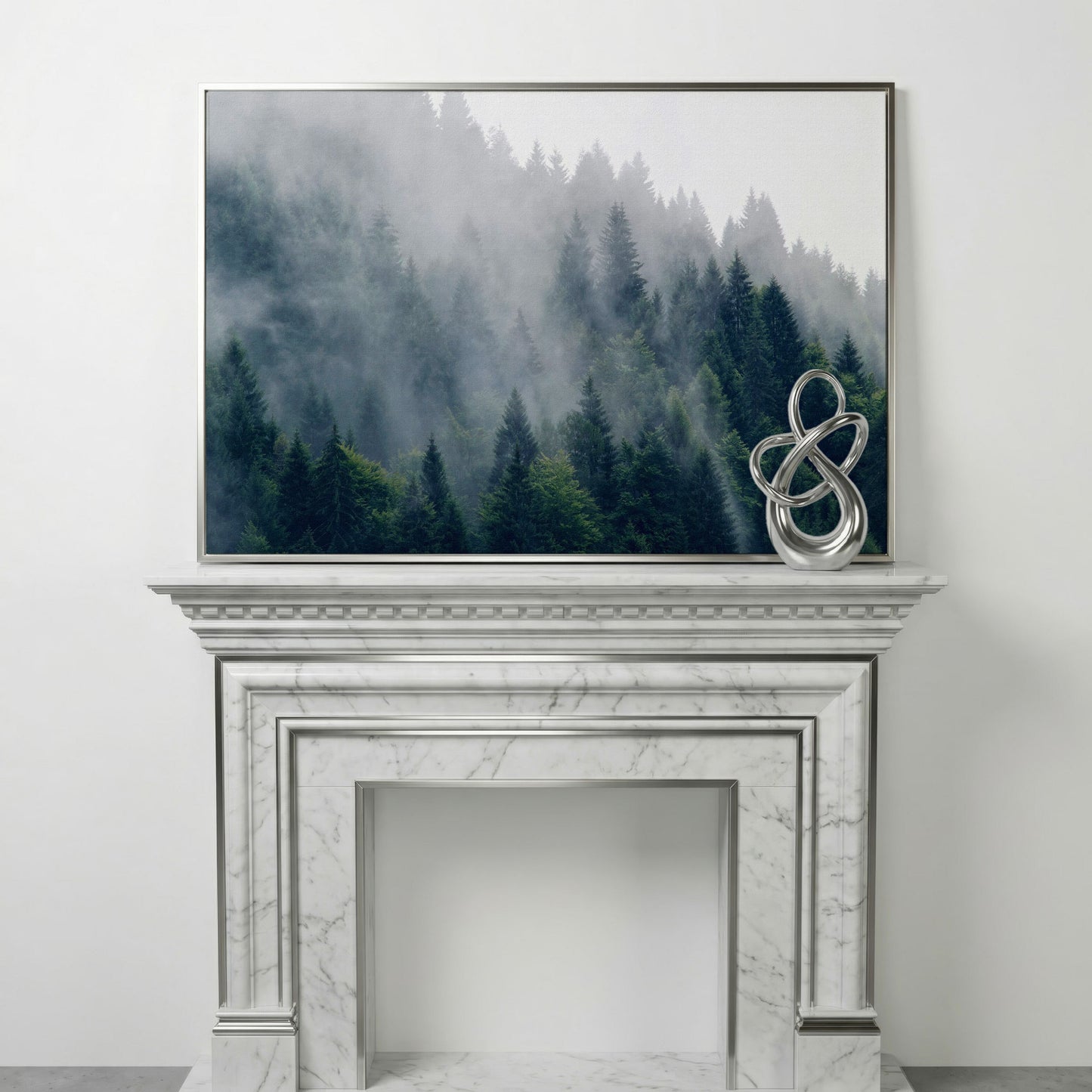 Misty Evergreen Forest Canvas Wall Art, Fog and Spruce Landscape in silver floating frame