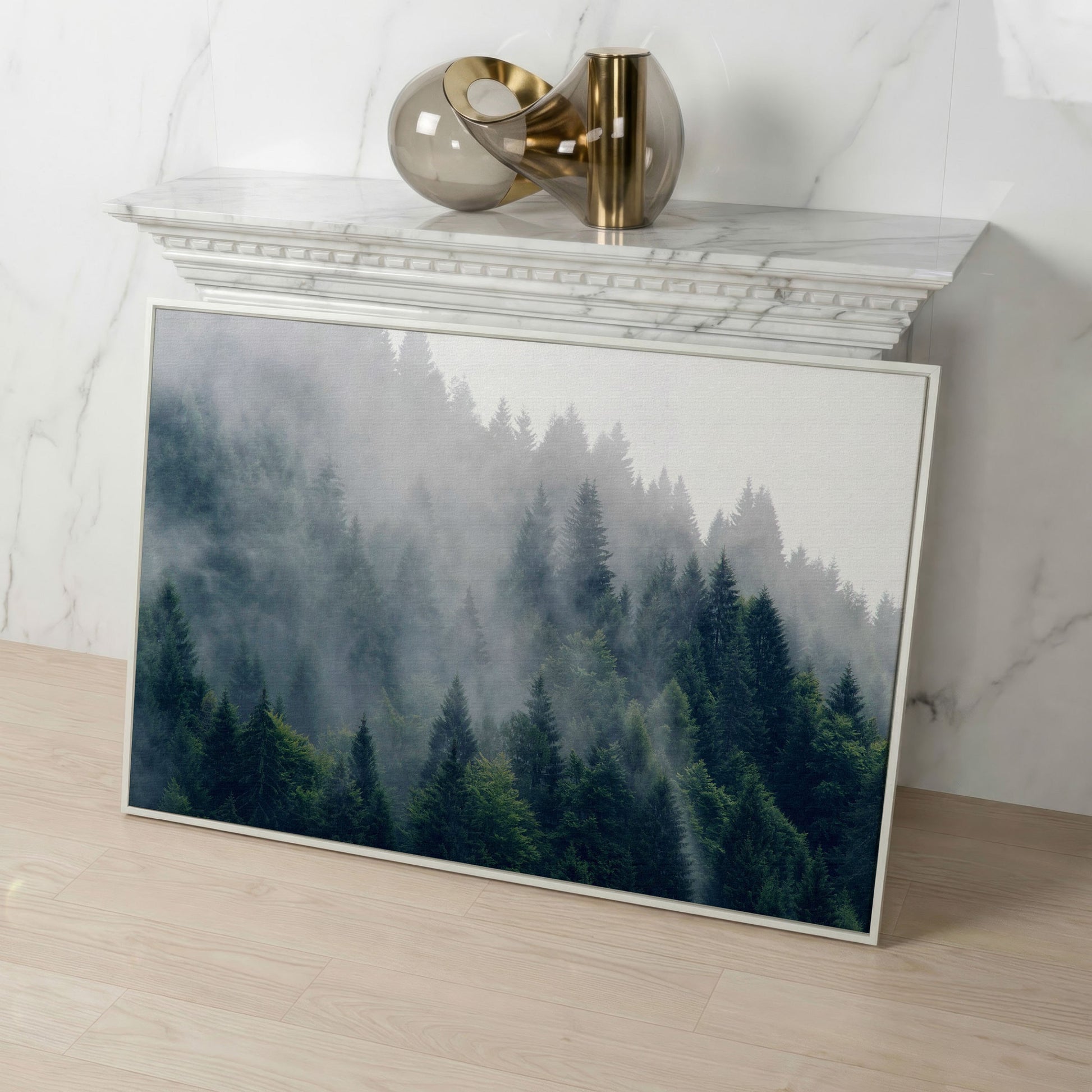 Misty Evergreen Forest Canvas Wall Art, Fog and Spruce Landscape in white floating frame