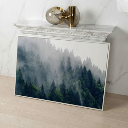 Misty Evergreen Forest Canvas Wall Art, Fog and Spruce Landscape in white floating frame