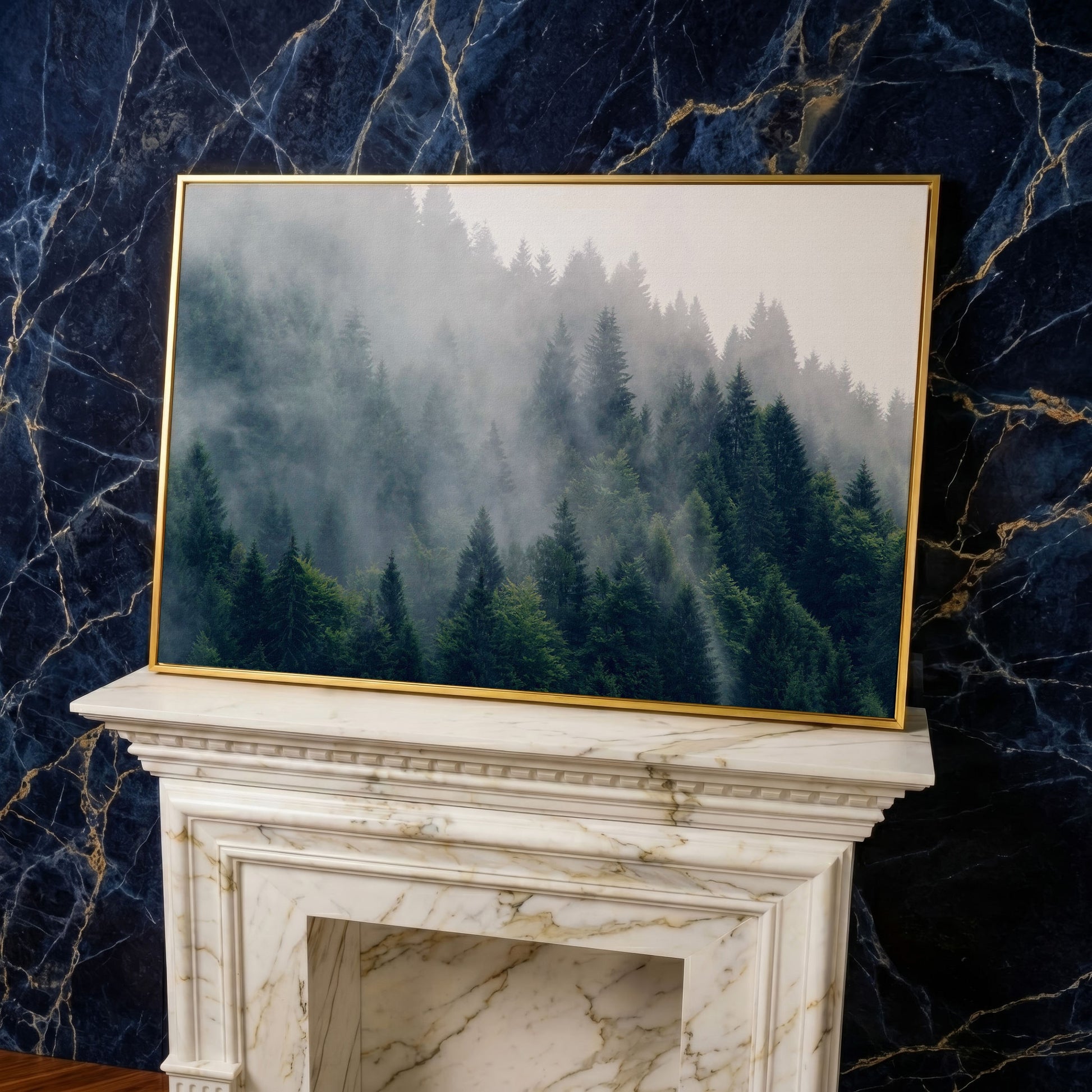Misty Evergreen Forest Canvas Wall Art, Fog and Spruce Landscape in yellow gold floating frame