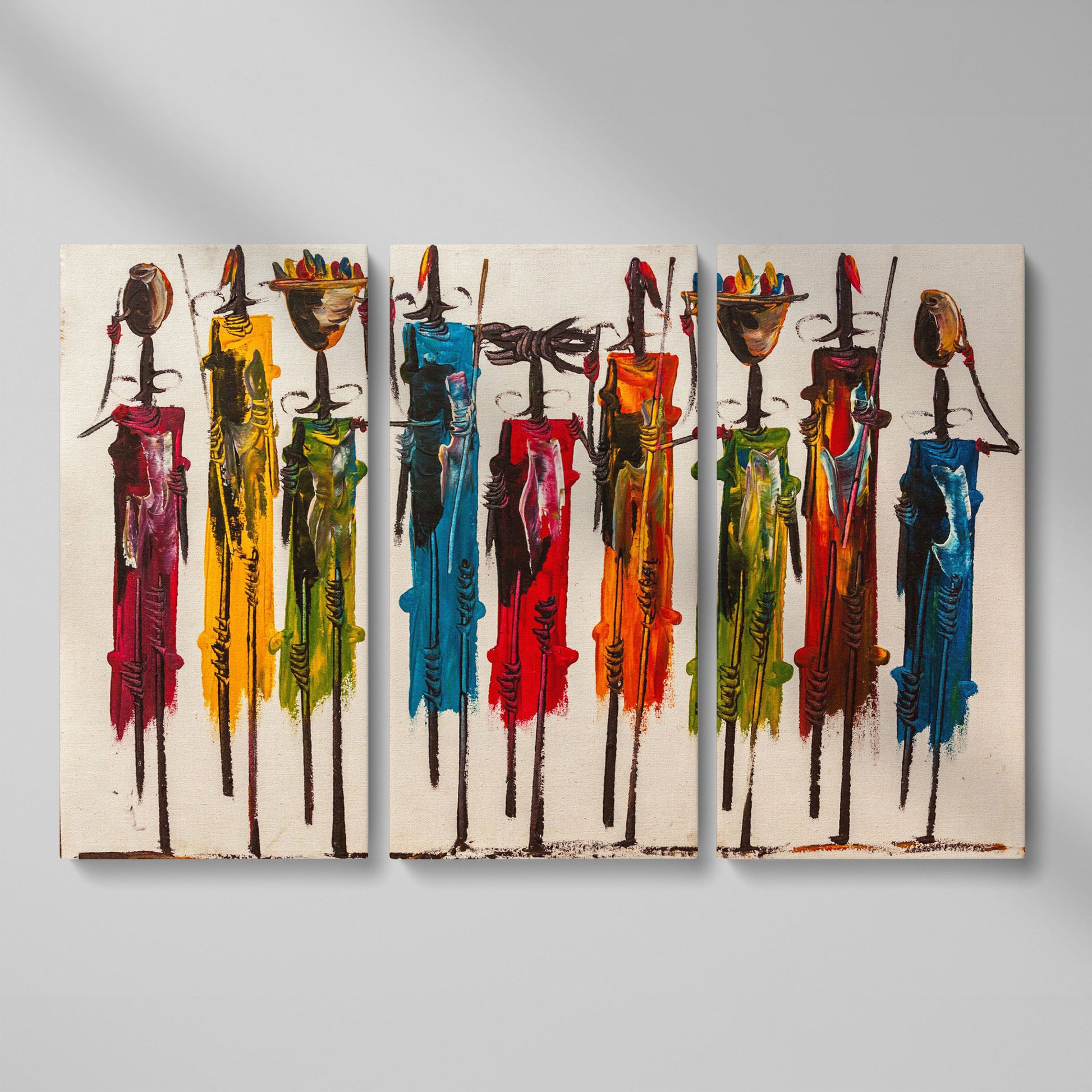 Maasai Figures African Wall Art Canvas, Landscape as 3-panel split version