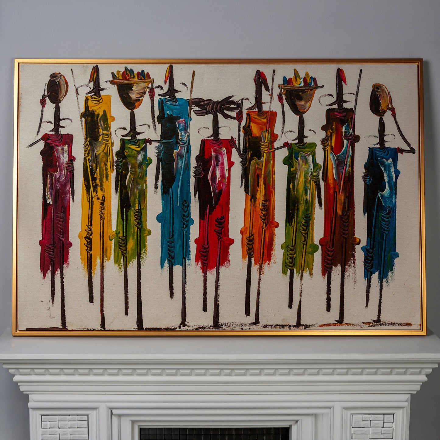 Maasai Figures African Wall Art Canvas, Landscape in antique gold floating frame