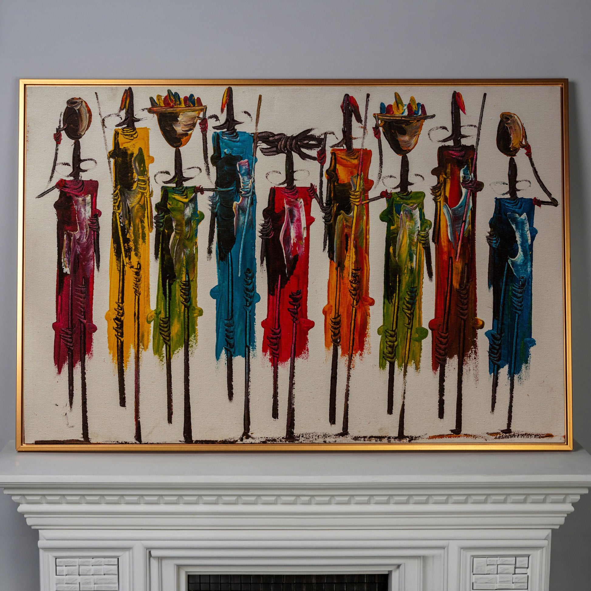 Maasai Figures African Wall Art Canvas, Landscape in antique gold floating frame